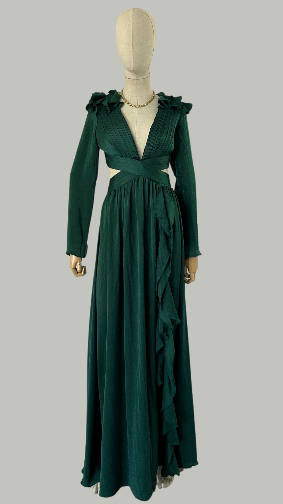 Vestido Verde Bandera Mangas Largas Escote X en Cintura Antora