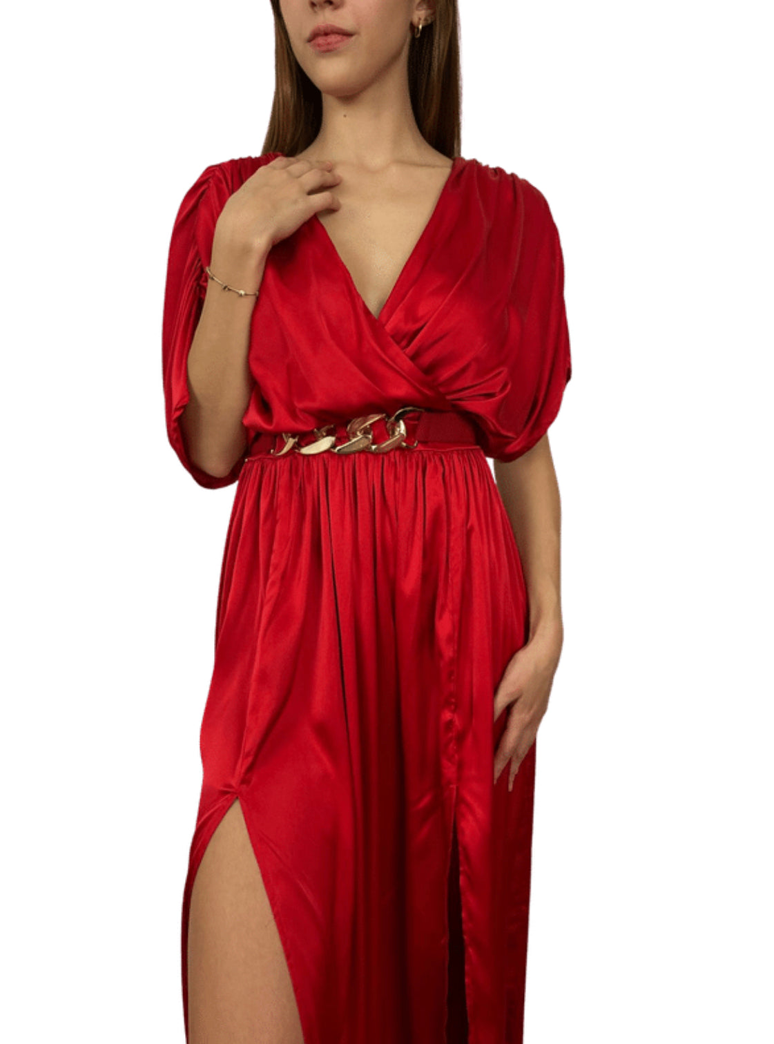 Maxi Vestido Rojo Con Cinturón Detalle En Dorado – Antora Boutique