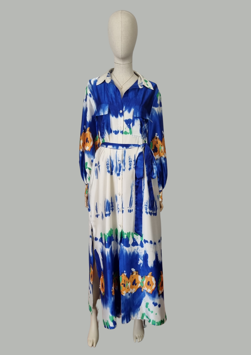 Maxi Vestido Camisero Estampado Azul y Naranja