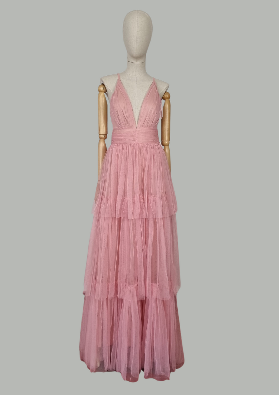 Vestido maxi capas tul rosa