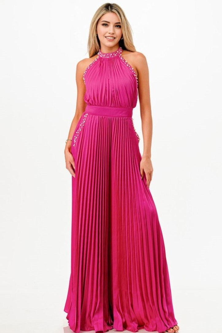 Jumpsuit rosa magenta con detalle de perlas