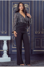 Load image into Gallery viewer, Palazzo negro blusa plata brillos
