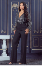 Load image into Gallery viewer, Palazzo negro blusa plata brillos
