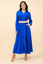 Load image into Gallery viewer, Vestido midi azul rey manga larga cinto beige

