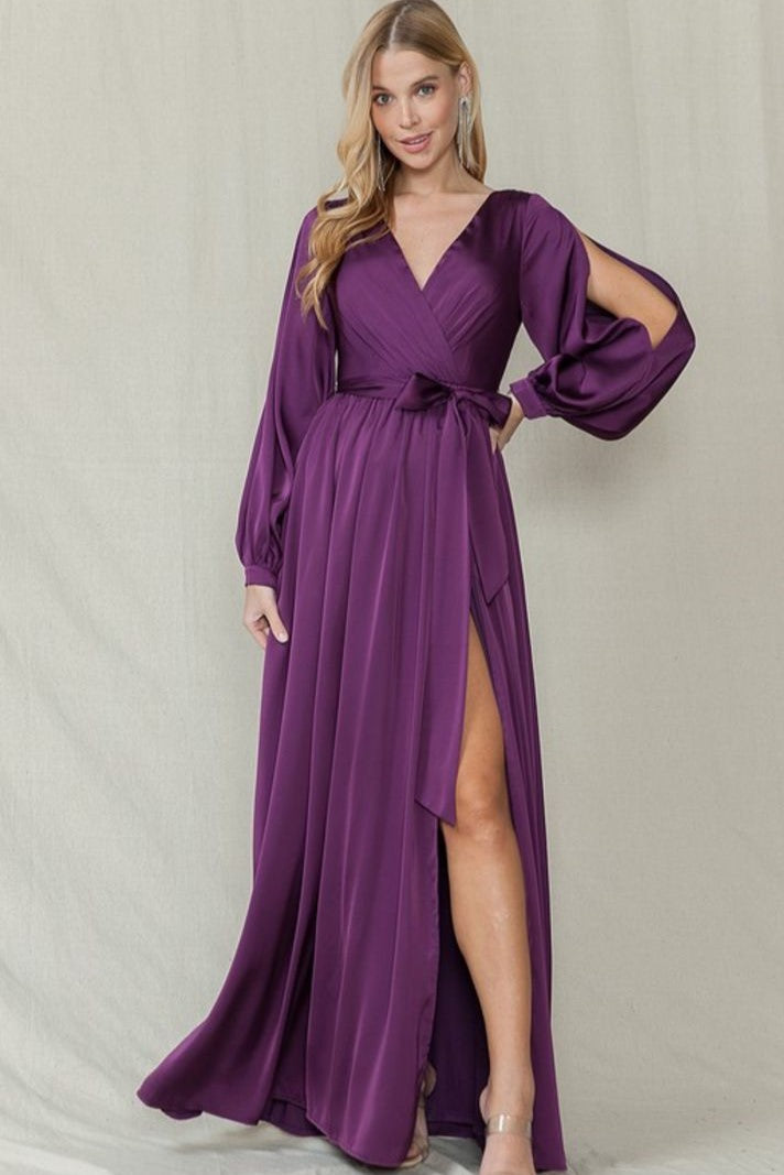 Vestido maxi morado satin manga larga