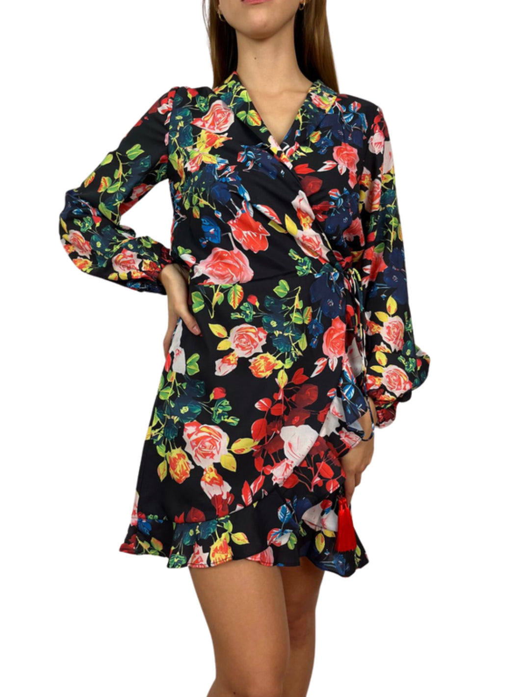 Vestido Negro Floral Mangas Largas